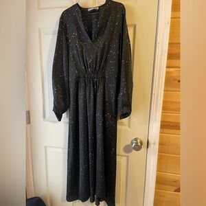 Vince Constellation Print Poet High Low Long Sleeve Black Multi Midi Dress XS